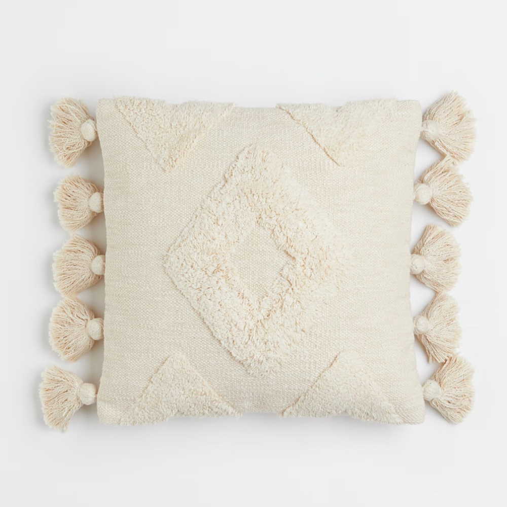H&M HOME CUSHION COVER WITH TASSELS CREAM NUDE BEIGE IVORY POM POM SQUARE BOHO